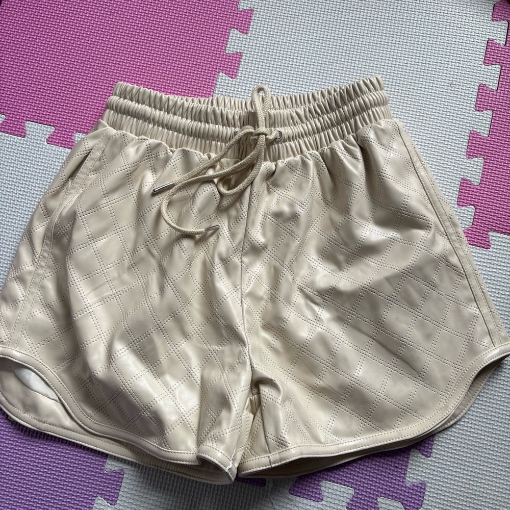 Shinestar Women's Beige Vegan Leather Quilted Athletic Shorts